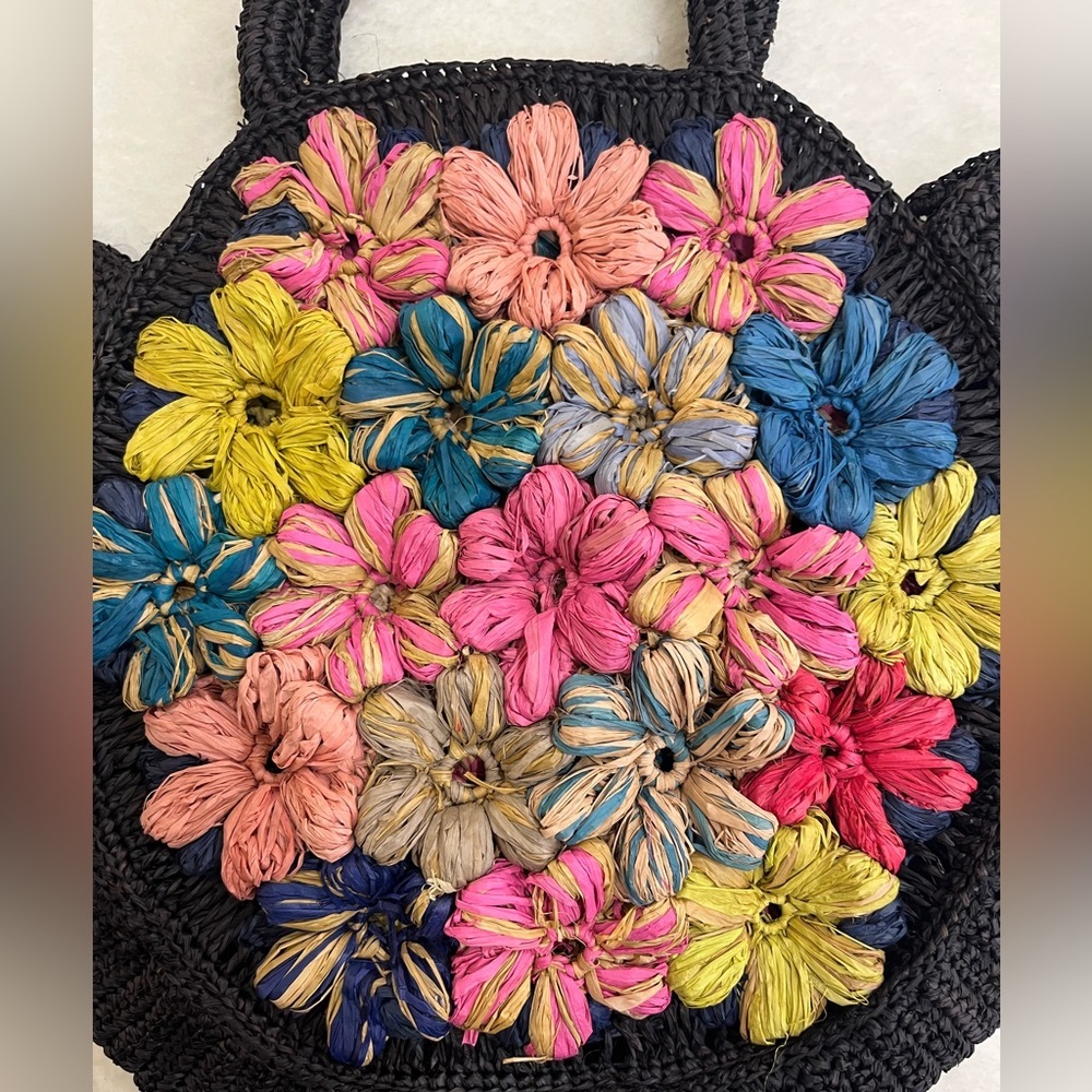 Handmade Raffia Floral Crochet Round Handbag - Picture 5 of 12